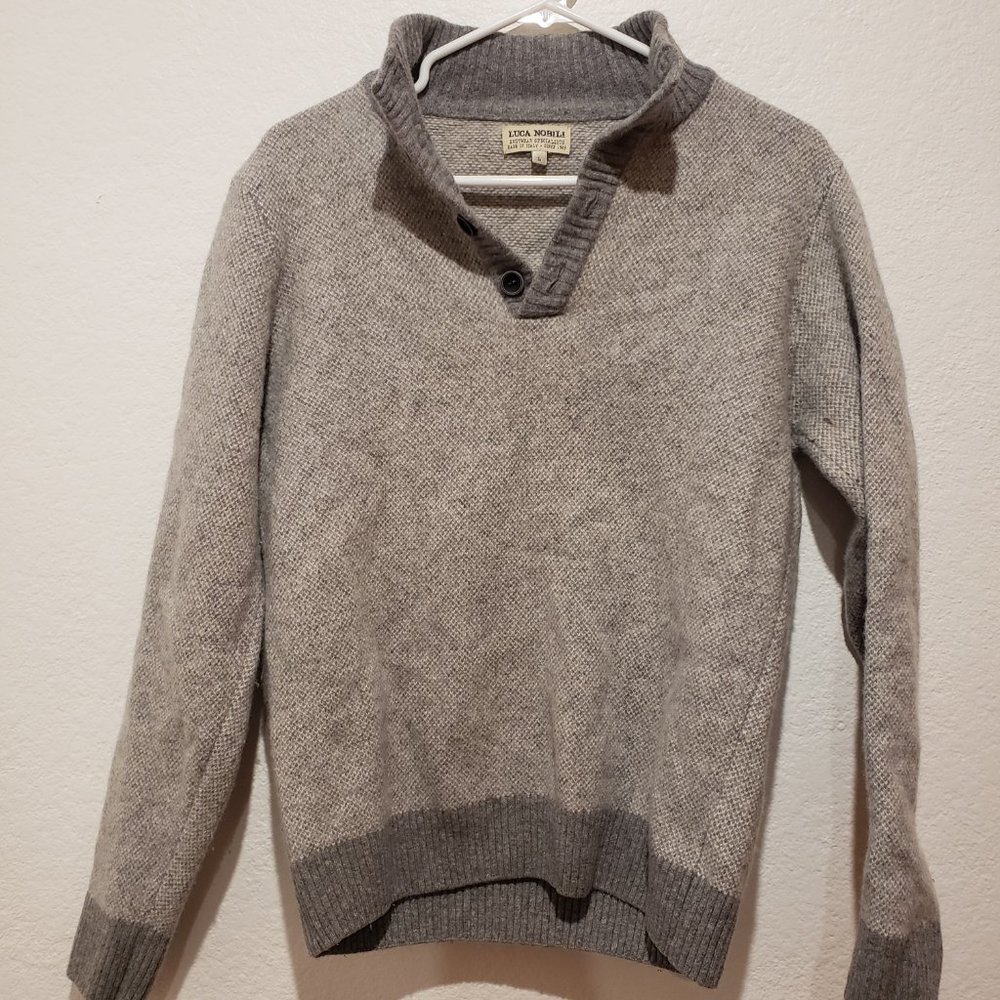 Luca Nobili Italian Wool Blend Grey Mens Mock Neck 1/4 Button Sweater. L.